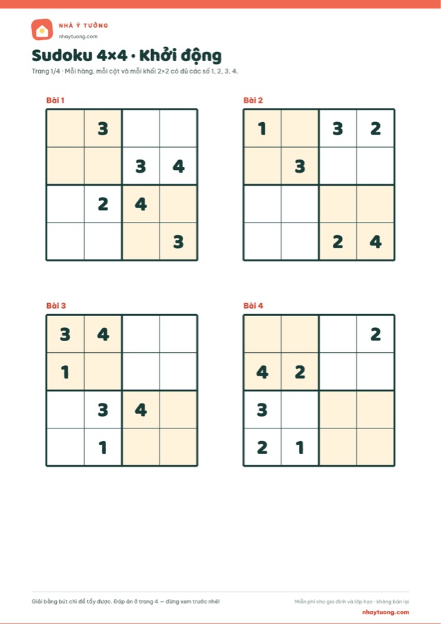 Trang đầu của mẫu in Sudoku cho trẻ: 4×4, 6×6 và 9×9